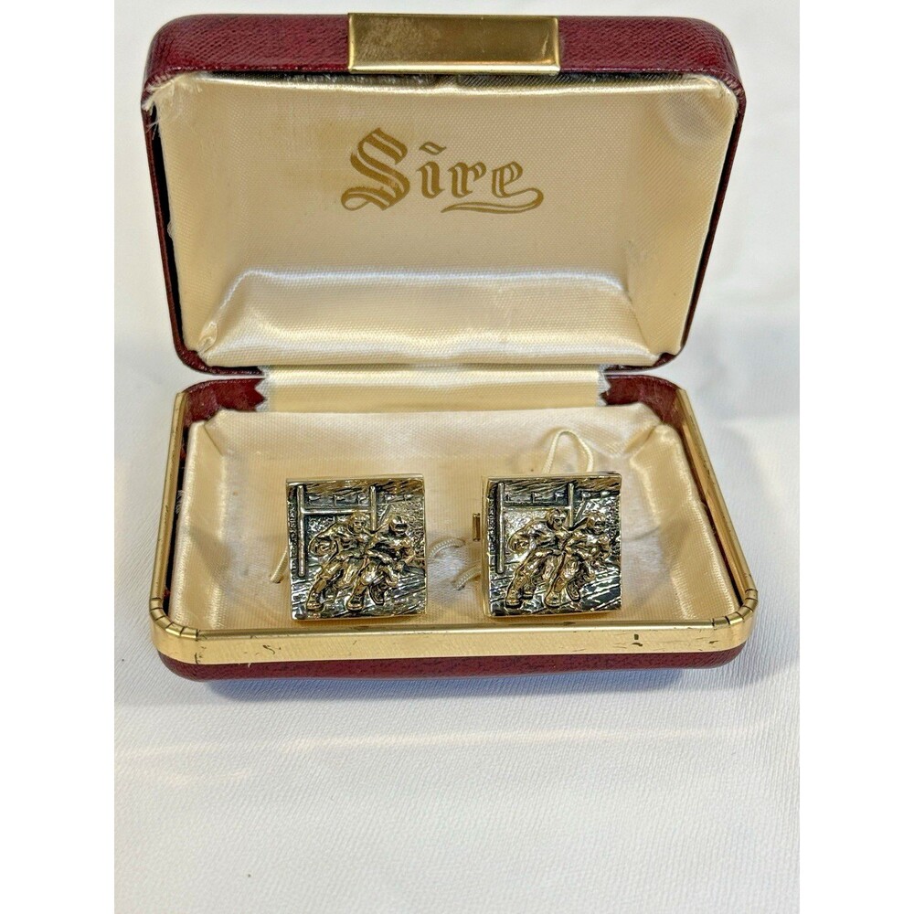 Vintage Sire Hockey Player Cufflinks Silver Tone Square Relief Original Box